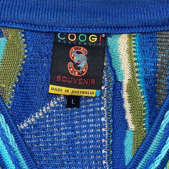 Coogi 3D Knit Cardigan Multicolor Blue Green Rare Pattern Australia Made Cotton - Picture 4 of 16
